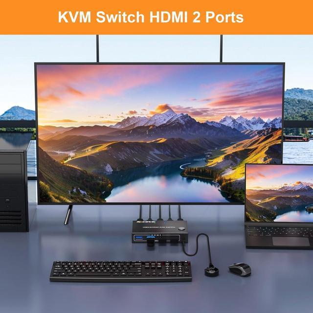 IHDAPP 2 In 1 Out HDMI KVM Switch 1 Monitor 2 Computers 4K 60Hz HDMI KVM Switch For 2 Computer Share 1 Monitor And 4 USB 3.0 Devices Support Simulation EDID Lock Screen With Wired Remote Controller