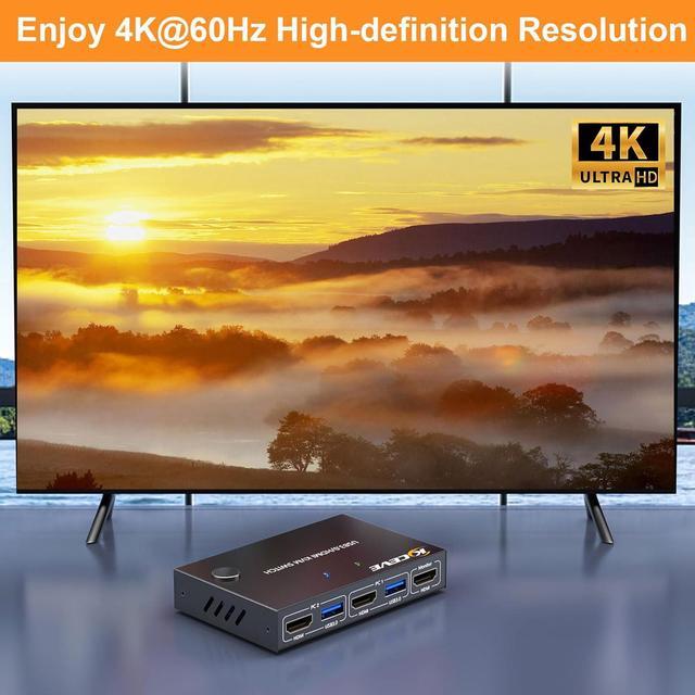 IHDAPP 2 In 1 Out HDMI KVM Switch 1 Monitor 2 Computers 4K 60Hz HDMI KVM Switch For 2 Computer Share 1 Monitor And 4 USB 3.0 Devices Support Simulation EDID Lock Screen With Wired Remote Controller