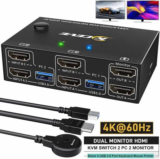 IHDAPP 2 in 2 Out HDMI KVM Switch 2 Monitors 2 Computers USB 3.0 HDMI KVM Switch 4K 60Hz EDID Emulator Dual Monitor KVM Switch for 2 Computer Share Keyboard Mouse printer scanner with Wired Remote