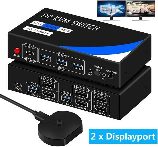IHDAPP 2 Port Displayport Dual Monitors KVM Switch 2 Monitors 2 Computers 8K 60Hz USB 3.0 DP KVM Switch DP Switch for 2 PCs Share 2 Monitors with USB C & 3 USB 3.0 Ports Wired Remote Included