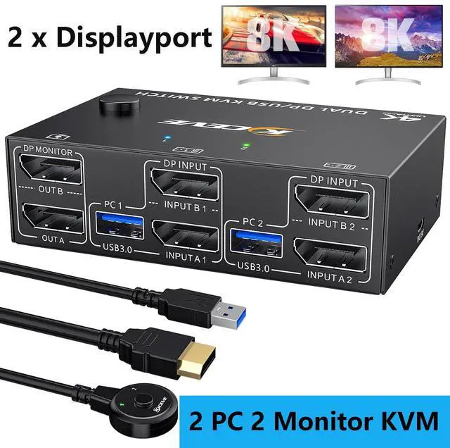 IHDAPP 2 Port Displayport KVM Switch 2 in 2 Out 8K 30Hz 4K 144Hz Dual Monitor Displayport USB 3.0 KVM Switch for 2 Computers Sharing 2 Monitor and 4 USB 3.0 Devices Wired Remote & USB Cable Included