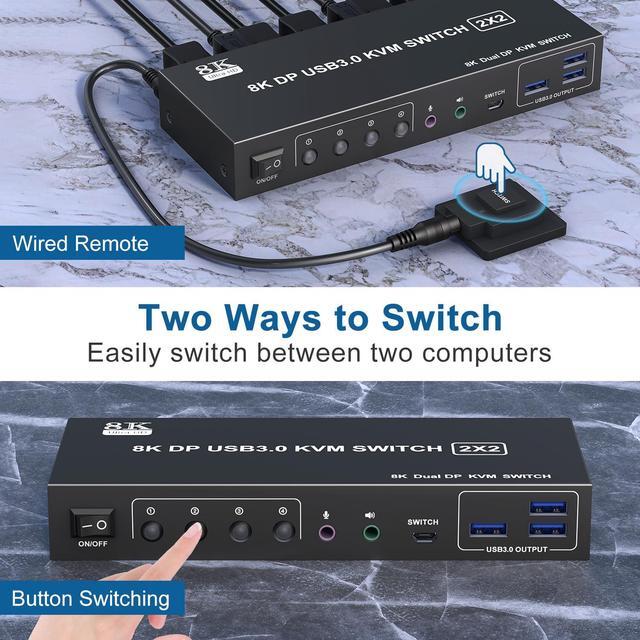 IHDAPP 2 Port Displayport KVM Switch 2 Monitors 2 Computers With 3.5mm Audio Jack - 8K 60HZ 4K 144Hz Dual Monitor DP KVM Switches With 3 USB 3.0 Port Sharing Keyboard Mouse Included Wired Remote