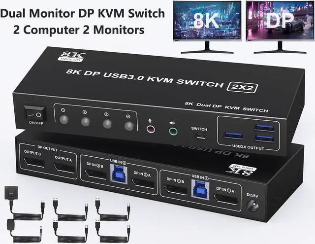 IHDAPP 2 Port Displayport KVM Switch 2 Monitors 2 Computers with 3.5mm Audio Jack - 8K 60HZ 4K 144Hz Dual Monitor DP KVM Switches with 3 USB 3.0 Port Sharing Keyboard Mouse Included Wired Remote