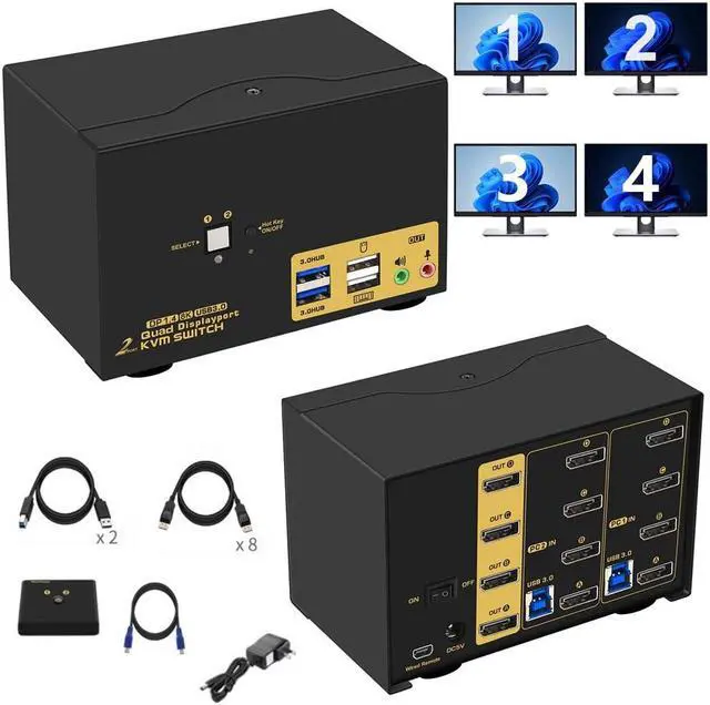 IHDAPP 2 Port Displayport USB 3.0 KVM Switch for 2 PCs 4 Monitors 4K 144Hz 8K 30Hz 2 in 4 Out DP KVM for 2 Computers PC Screen Keyboard Mouse Peripheral Audio Sharing Selector Box with All Cables
