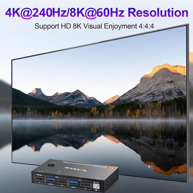 IHDAPP 2 Port DP KVM Switch 2 Computer 1 Monitor DisplayPort USB 3.0 KVM Switch Displayport 2.1 8K 60Hz 4K 144Hz For 2 PC Share One Monitor And Keyboard Mouse With Wired Remote And Power Adapter