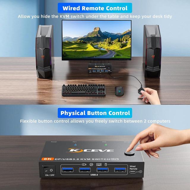 IHDAPP 2 Port DP KVM Switch 2 Computer 1 Monitor DisplayPort USB 3.0 KVM Switch Displayport 2.1 8K 60Hz 4K 144Hz For 2 PC Share One Monitor And Keyboard Mouse With Wired Remote And Power Adapter