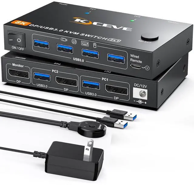 IHDAPP 2 Port DP KVM Switch 2 Computer 1 Monitor DisplayPort USB 3.0 KVM Switch Displayport 2.1 8K 60Hz 4K 144Hz for 2 PC Share One Monitor and Keyboard Mouse with Wired Remote and Power Adapter