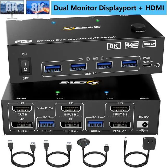 IHDAPP 2 Port HDMI + Displayport KVM Switch 2 Monitors 2 Computers Dual Monitor USB 3.0 DP HDMI KVM Switcher with 4 USB 3.0 Ports Supports 8K 60Hz for 2 Computers Share Keyboard Mouse and Monitor
