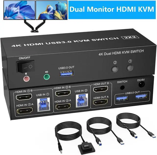 IHDAPP 2 Port HDMI Dual Monitor USB 3.0 KVM Switch 4K 60Hz Extended Display HDMI KVM Switch 2 Monitors 2 Computers with Audio Microphone Output and 3 USB 3.0 Ports PC Monitor Keyboard Mouse Switcher