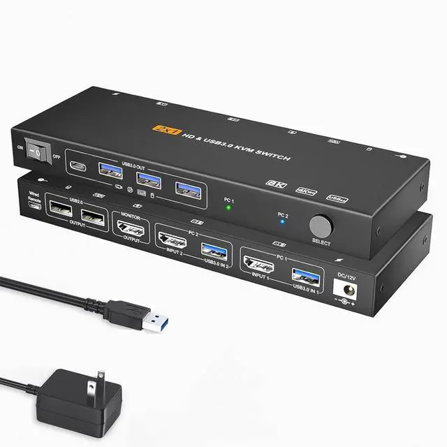 IHDAPP 2 Port HDMI KVM Switch 1 Monitors 2 Computers 8K60Hz with EDID Simulation USB 3.0 HDMI KVM Switch 2 in 1 Out for 2 Computers Share Dual Monitors and 4 USB Devices with Remote Controller