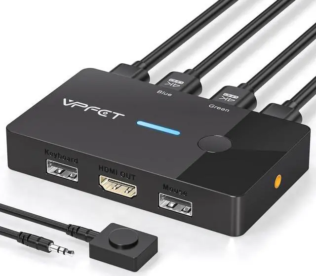 IHDAPP 2 Port HDMI KVM Switch 1 Monitors 2 Computers 4K 60Hz HDMI USB KVM Switches for 2 Computers Sharing One Monitor and Keyboard Mouse with 2 USB 2.0 Cables and Desktop Controller