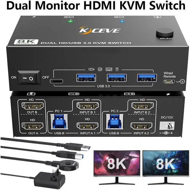 IHDAPP 2 Port HDMI KVM Switch 2 Monitors 2 Computers 8K 60Hz 4K 144Hz Dual Monitor HDMI KVM Switch with 4 USB 3.0 Hub for Keyboard Mouse Printer Wired Remote Power Adapter and USB Cables Included