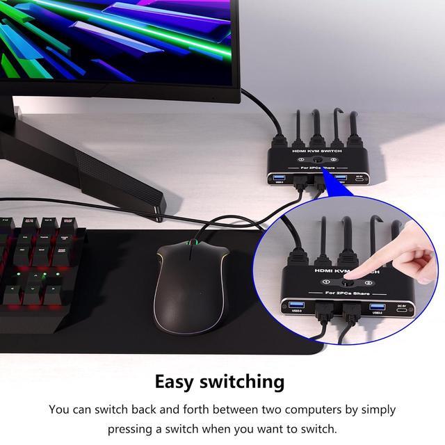 IHDAPP 2 Port HDMI KVM Switch 4K 60Hz KVM Switches With 4 USB 3.0 Data Ports HDMI KVM Switch 2 PC 1 Monitor Share Mouse Keyboard Printer Include 2 HD-MI Cables 2 USB-A Cable 1 USB-C Cable