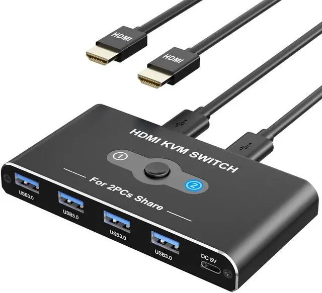 IHDAPP 2 Port HDMI KVM Switch 4K 60Hz KVM Switches with 4 USB 3.0 Data Ports HDMI KVM Switch 2 PC 1 Monitor Share Mouse Keyboard Printer Include 2 HD-MI cables 2 USB-A cable 1 USB-C Cable
