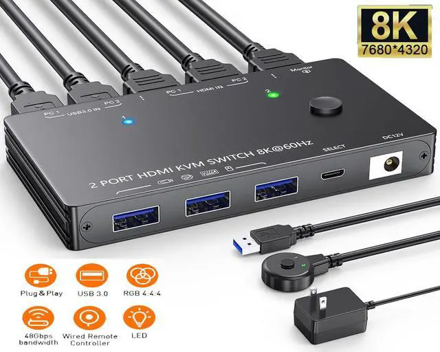 IHDAPP 2 Port HDMI KVM Switch 8K 60Hz 4K 120Hz USB 3.0 HDMI 2.1 KVM Switch for 2 Computers Share 1 Monitor and 3 USB Devices HDCP 2.3 HDR 10 with Wired Remote 12V Power Adapter and 2 USB 3.0 Cables