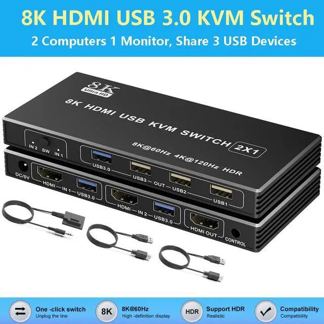IHDAPP 2 Port HDMI USB KVM Switch 1 Monitor 2 Computers USB 3.0 8K 60Hz 2 in 1 Out HDMI KVM Switches for 2 Computers Share 1 Monitor Keyboard Mouse Printer/Scanner Desktop Controller included