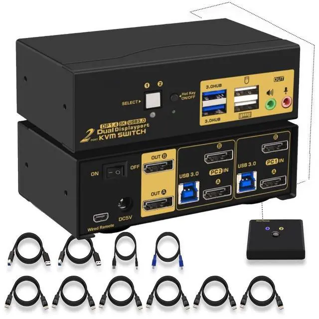 IHDAPP 2 Port USB 3.0 Triple Monitor Displayport KVM Switch DP 1.4 Support 8K 30Hz 4K 144Hz KVM Switches 2 Computers 3 Monitors Video Keyboard Mouse Peripheral Audio Sharing Selector Box with Cables