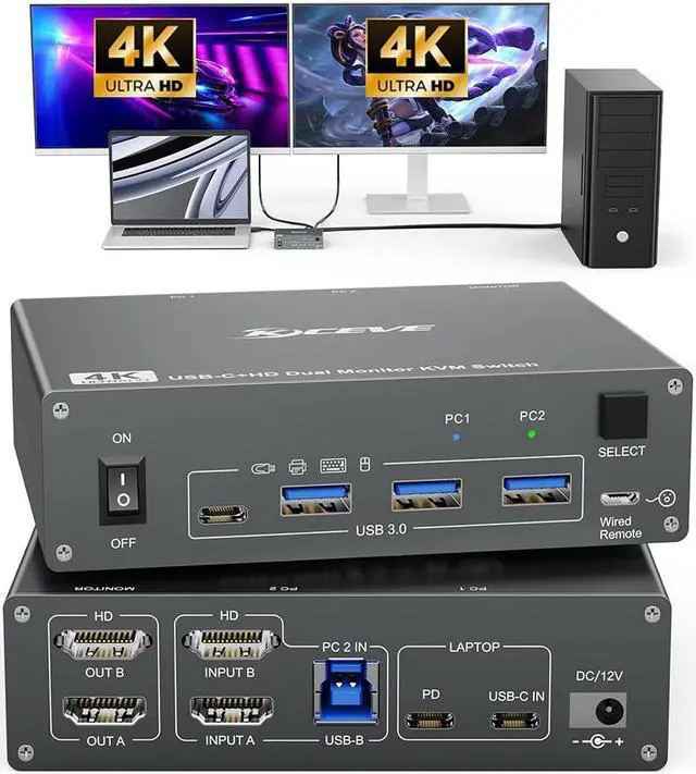IHDAPP 2 Port USB C HDMI KVM Switch 2 Computers 2 Monitors Dual Monitor USB 3.0 USB Type C HDMI KVM Switch Supports 4K 60Hz for 2 Laptops that Share Keyboard Mouse and Monitor with Wired Remote