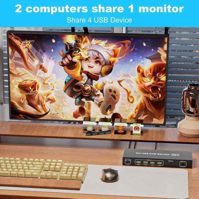 IHDAPP 2 Ports DVI KVM Switch 1 Monitor 2 Computers 4K 60Hz USB-B Dual Computers KVM Switch For 2 Computer Share 1 Monitor With 3 USB Ports Sharing Keyboard Mouse Printer With Desktop Controller