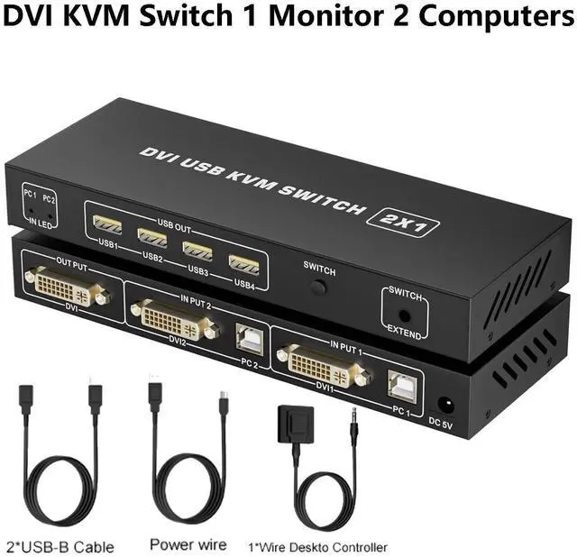 IHDAPP 2 Ports DVI KVM Switch 1 Monitor 2 Computers 4K 60Hz USB-B Dual Computers KVM Switch for 2 Computer Share 1 Monitor with 3 USB Ports Sharing Keyboard Mouse Printer with Desktop Controller