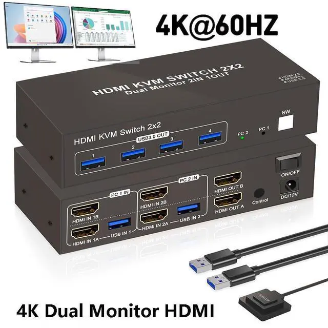 IHDAPP 2 Ports HDMI KVM Switch 2 Computers 2 Monitors 4K 60Hz HDMI USB 3.0 KVM Switcher Dual Monitor HDMI 2 in 2 Out with 4 USB Ports to Share Mouse Keyboard Printer etc. Supports Extended/Copy Mode