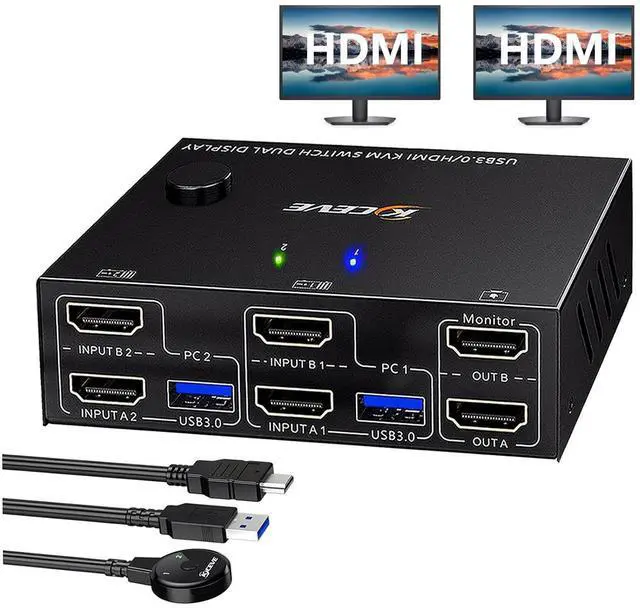 IHDAPP 2 Ports HDMI KVM Switch 2 Monitors 2 Computers Support EDID Emulator 4K 60Hz USB 3.0 Dual Monitor HDMI KVM Switches for 2 Computers Share 2 Monitors and 4 USB 3.0 Devices with Wired Remote