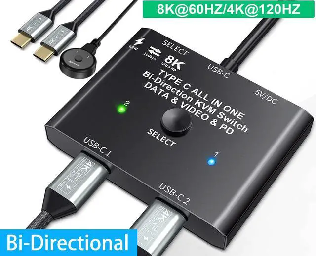 IHDAPP 2 Ports USB C Switch Bi-Directional [2 in 1 out/1 in 2 Out] USB C Switcher 2 Computers USB Type C KVM Switch 8K 60Hz 4K 120Hz Video/10Gbps Data Transfer/100W Charging 2 USB-C Cables Included