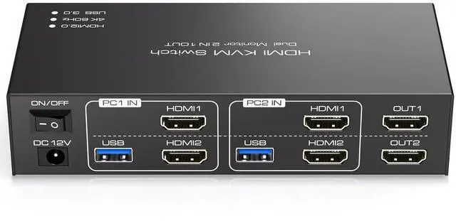 IHDAPP 2x2 HDMI KVM Switch Dual Monitor 2 Computers Support 4K 60Hz USB 3.0 KVM Switches Share Dual Monitors and 4 USB 3.0 Ports Support Extended/Copy Mode with DC 12V Adapter & Wired Controller
