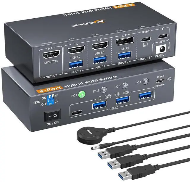 IHDAPP 4 Computers KVM Switch 4 Port Hybrid USB-C & Displayport & Dual HDMI 4K 60Hz USB 3.0 KVM Switcher with EDID Emulator for 4 PC Share 1 Monitor & Keyboard Mouse Printer Support PD 85W Charging