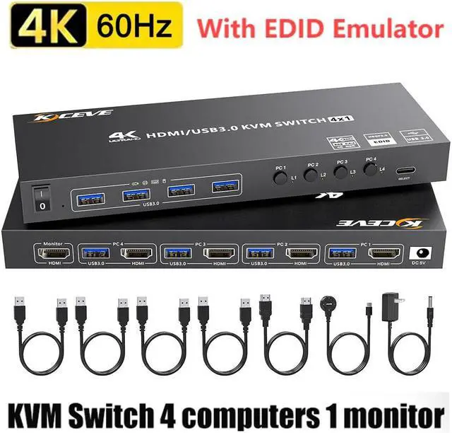 IHDAPP 4 in 1 Out HDMI KVM Switch 4 Computers 4K 60Hz Simulation EDID 4 Port HDMI USB 3.0 KVM Switches for 4 PC Share 1 Monitor and Keyboard Mouse Printer with Wired Remote 12V Power Adapter