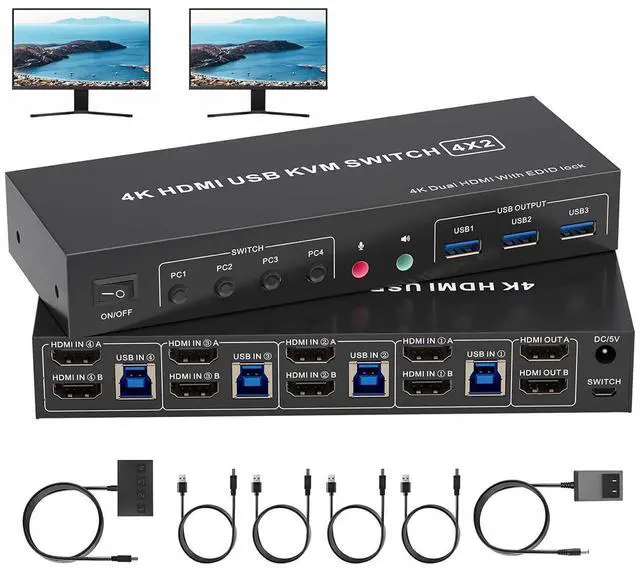 IHDAPP 4 in 2 Out HDMI KVM Switch 4 Computers 2 Monitors with 3 USB 3.0 Ports 4K 60Hz 4 Port HDMI Dual Monitor KVM Switch for 4 PCs Share 2 Monitors Support Button Switch & Desktop Controller