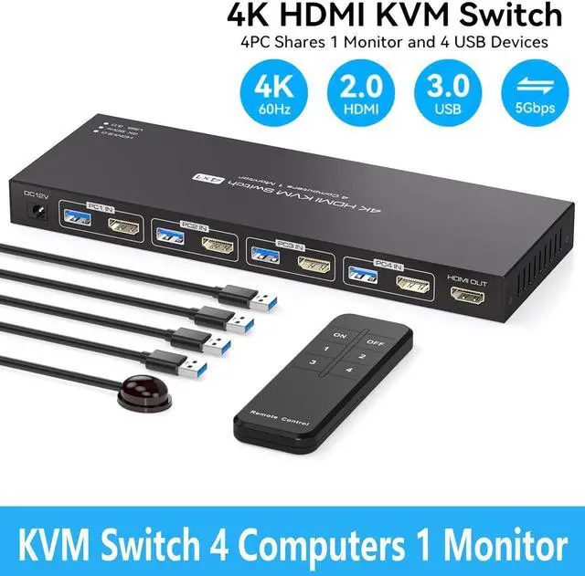IHDAPP 4 Port HDMI KVM Switch for 1 Monitors 4 Computers 4K 60Hz HDMI USB 3.0 KVM Switches KVM Switch HDMI 4 in 1 Out for 4 PCs Sharing 1 Monitor and 4 USB 3.0 Devices with IR Remote Control