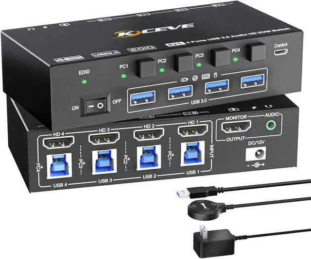 IHDAPP 4 Ports HDMI KVM Switch with 3.5mm Audio 8K 60Hz HDMI USB 3.0 KVM Switcher Box with EDID Emulator for 4 Computers Share Mouse Keyboard and Monitor Support Win10/8/7/XP/Vista Mac OS Linux