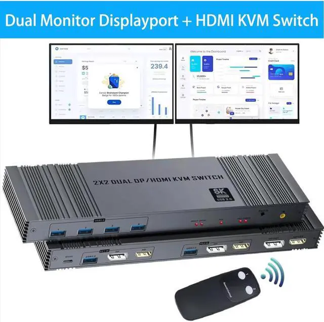 IHDAPP 4K 120Hz 2x2 HDMI + Displayport KVM switch 2 Monitors 2 Computers 8K 60Hz HDMI and Displayport Dual Monitor KVM Switch with 4 USB 3.0 Port for Keyboard Mouse Printer Support Extended/Copy Mode