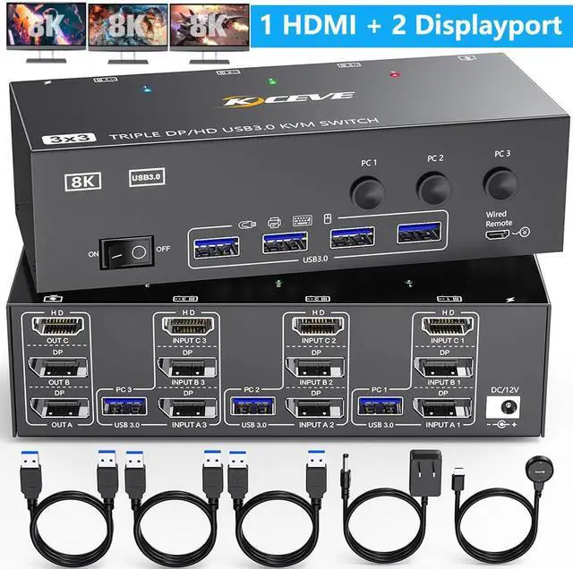 IHDAPP 4K 144Hz HDMI + 2 DP KVM Switch 3 Monitors 3 Computers Displayport USB 3.0 KVM Swtiches 8K 30Hz HDMI + 2 Displayport Triple Monitor KVM Switch with 4 USB 3.0 Hub Keyboard Mouse Printer