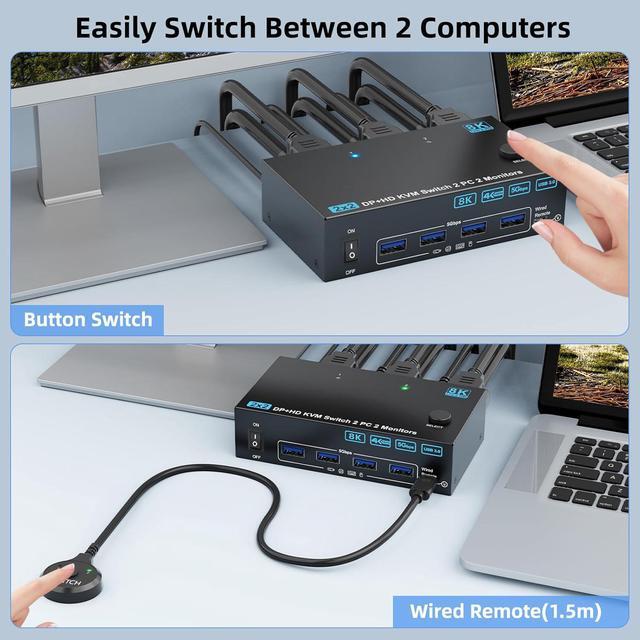 IHDAPP 4K 144Hz KVM Switch 2 Monitors 2 Computers 8K 60Hz HDMI And Displayport Dual Monitor KVM Switch With 4 USB 3.0 Port For Keyboard Mouse Printer Wired Remote Power Adapter And USB Cable Included