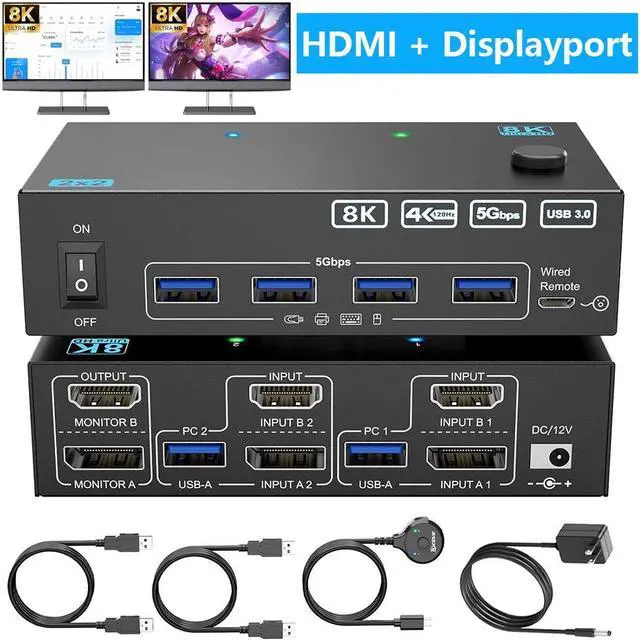 IHDAPP 4K 144Hz KVM Switch 2 Monitors 2 Computers 8K 60Hz HDMI and Displayport Dual Monitor KVM Switch with 4 USB 3.0 Port for Keyboard Mouse Printer Wired Remote Power Adapter and USB Cable Included