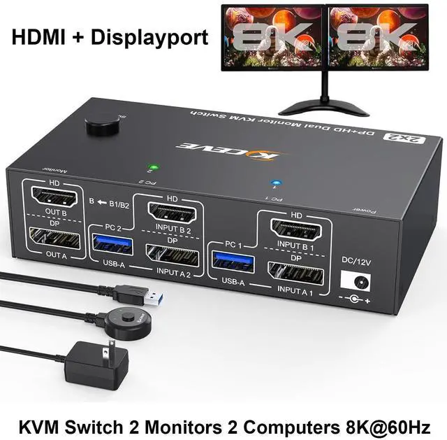IHDAPP 4K 144Hz KVM Switch 2 Monitors 2 Computers 8K 60Hz HDMI and Displayport Dual Monitor KVM Switch with 4 USB 3.0 Port for Keyboard Mouse Printer with Wired Remote Power Adapter and USB Cables