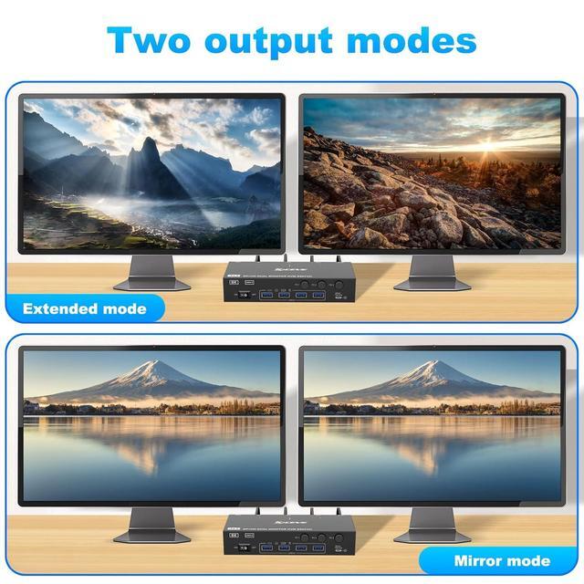 IHDAPP 4K 144Hz KVM Switch 2 Monitors 3 Computers 8K 60Hz HDMI And Displayport Dual Monitor KVM Switch With 4 USB 3.0 Port For Keyboard Mouse Printer Wired Remote Power Adapter And USB Cable Included