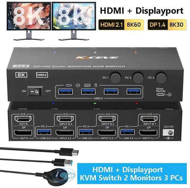 IHDAPP 4K 144Hz KVM Switch 2 Monitors 3 Computers 8K 60Hz HDMI and Displayport Dual Monitor KVM Switch with 4 USB 3.0 Port for Keyboard Mouse Printer Wired Remote Power Adapter and USB Cable Included