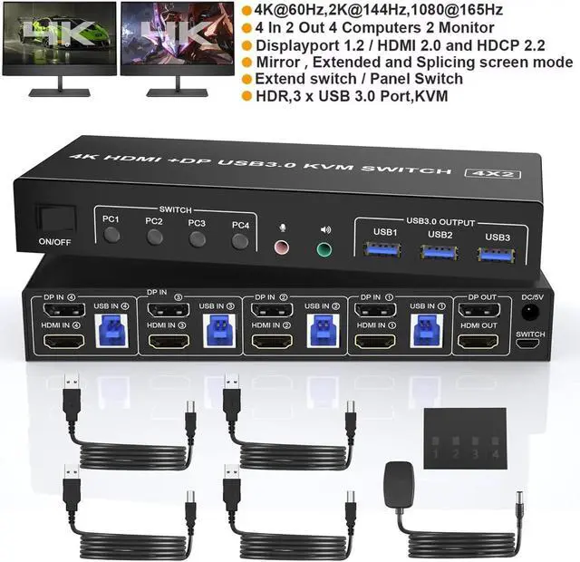 IHDAPP 4K 60Hz Displayport + HDMI Dual Monitor KVM Switch for 4 PCs USB 3.0 HDMI + DP KVM Switch 2 Monitors 4 Computers with Audio Microphone Output and 3 USB 3.0 Ports with Wired Remote Controller