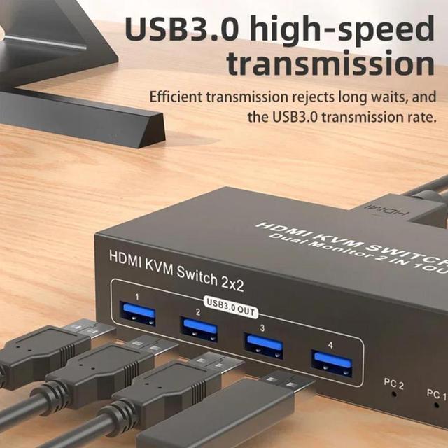 IHDAPP 4K Dual Monitor HDMI KVM Switch 2 Monitors 2 Computers 4K 60Hz USB 3.0 2x2 HDMI KVM Switcher PC Extended Display For 2 PC Share 4 USB 3.0 Devices Desktop Controller & 2 USB Cables Included