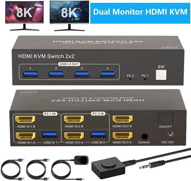 IHDAPP 4K Dual Monitor HDMI KVM Switch 2 Monitors 2 Computers 4K 60Hz USB 3.0 2x2 HDMI KVM Switcher PC Extended Display for 2 PC Share 4 USB 3.0 Devices Desktop Controller & 2 USB Cables Included