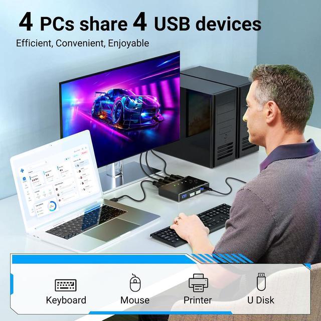 IHDAPP 4x4 USB 3.0 Switch 4 Computers 4 Port USB Switch Selector For 4 Computer Share 4 USB Devices Keyboard Mouse Switch 4 In 4 Out USB 3.0 Switcher With Wired Remote And 4 Standard USB-B Cables
