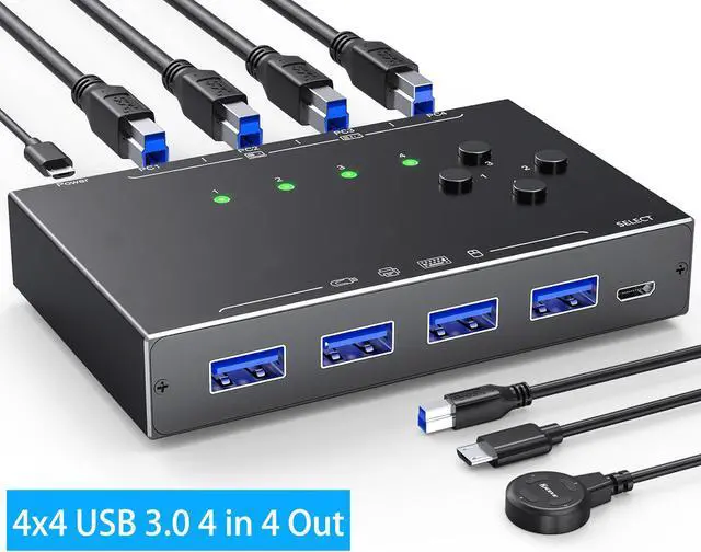 IHDAPP 4x4 USB 3.0 Switch 4 Computers 4 Port USB Switch Selector for 4 Computer Share 4 USB Devices Keyboard Mouse Switch 4 in 4 Out USB 3.0 Switcher with Wired Remote and 4 Standard USB-B Cables