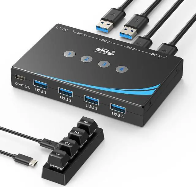 IHDAPP 4x4 USB 3.0 Switch 4 Computers Sharing USB Peripherals 4 Port USB Switcher Sharing Mouse Keyboard Scanner Printer with 3.5mm Headset Jack Audio Out Includes 4 USB 3.0 Cables and Remote
