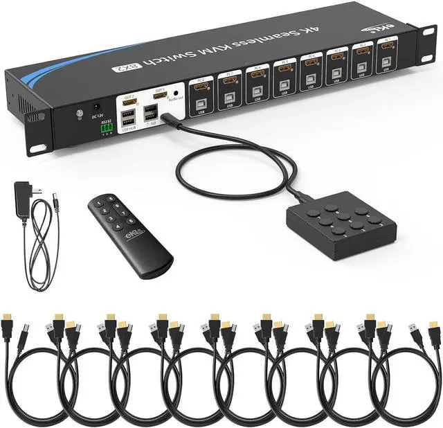IHDAPP 8 Port Real Seamless Switching HDMI KVM Switch 8 Computers 4K 30Hz 1U Rack Mount 8 in 2 Out HDMI KVM Switch with 3.5mm Audio Extractor Desktop Controller Hotkey Mouse RS232 Code Switching