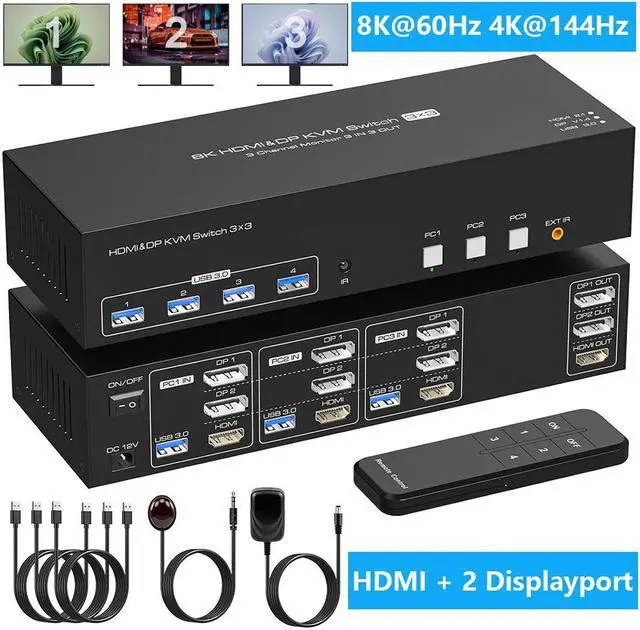 IHDAPP 8K 60Hz 1 HDMI + 2 Displayport KVM Switch 3 PC 3 Monitors 4K 144Hz Triple Monitor KVM Switcher for 3 Computers Share 3 Monitors and 4 USB 3.0 Devices with 3 USB Cable and DC12V Adapter