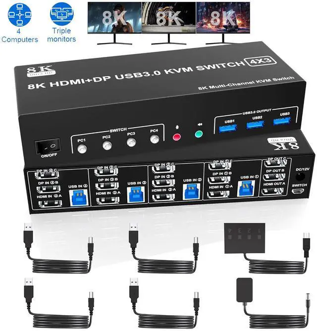IHDAPP 8K 60Hz 2 Displayport + HDMI USB 3.0 KVM Switch 3 Monitors 4 Computers 2 DP1.4 + HDMI2.1 Triple Monitor KVM Switch with Audio Microphone+3 USB 3.0 Ports Triple Monitor Keyboard Mouse Switcher