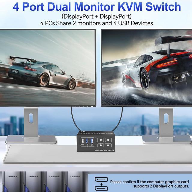 IHDAPP 8K 60Hz Displayport USB 3.0 KVM Switch 2 Monitors For 4 Computers 4K 144Hz DP1.4 Dual Monitor Displayport KVM Switch 4 Port With 4 USB Ports DP KVM Switch For 4 PCs Wired Controller Included